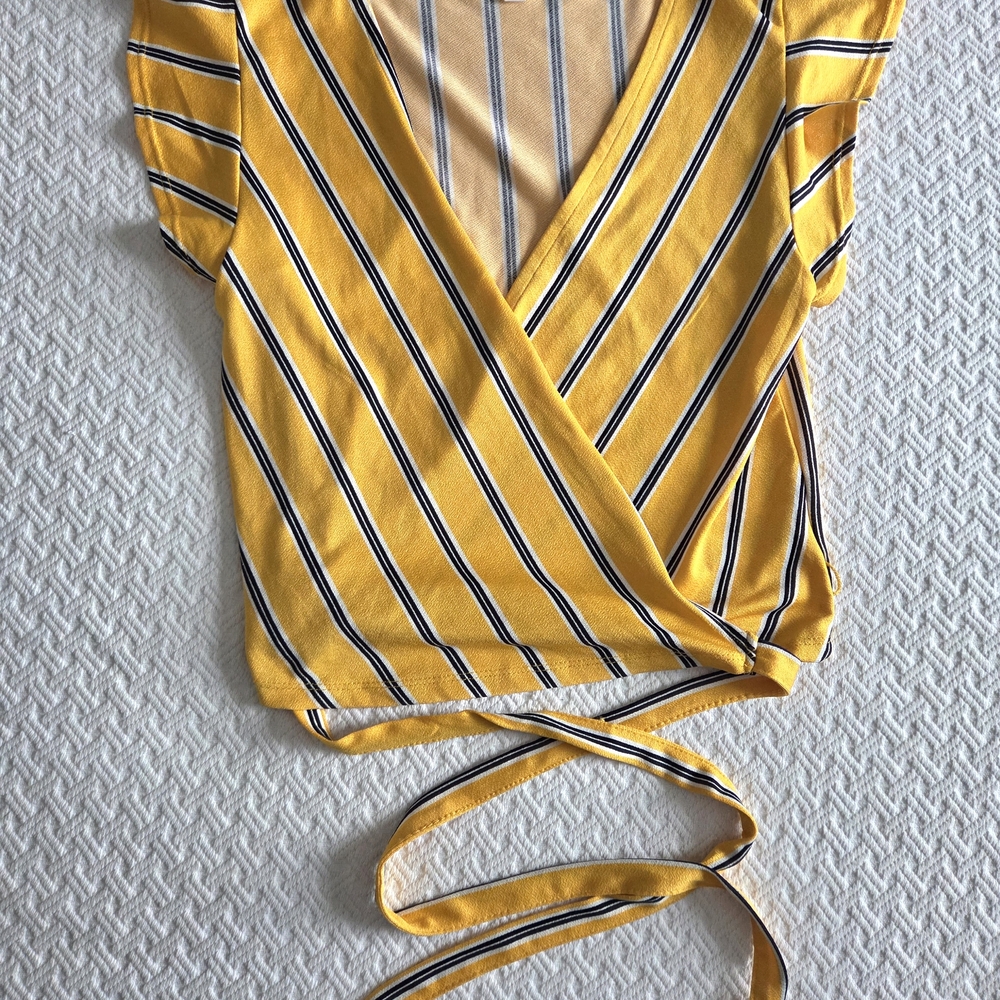 Ardene Yellow and Black Striped Small Wrap Crop Top Blouse